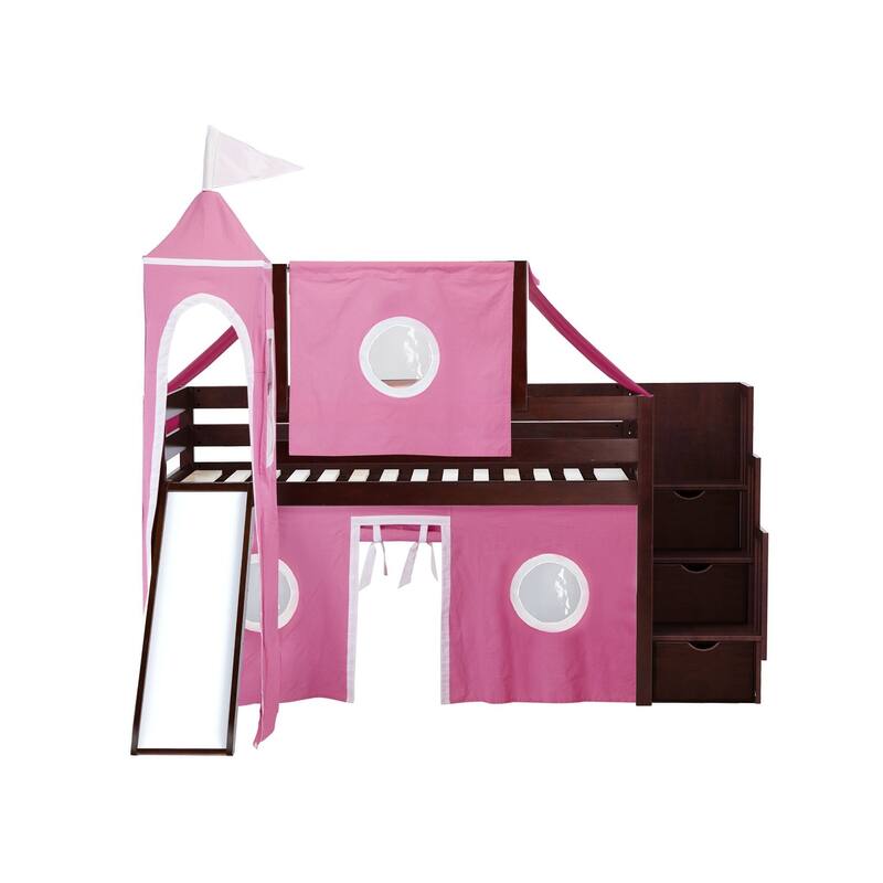 JACKPOT Prince & Princess Low Loft Twin Bed, Stairs Slide Tent & Tower