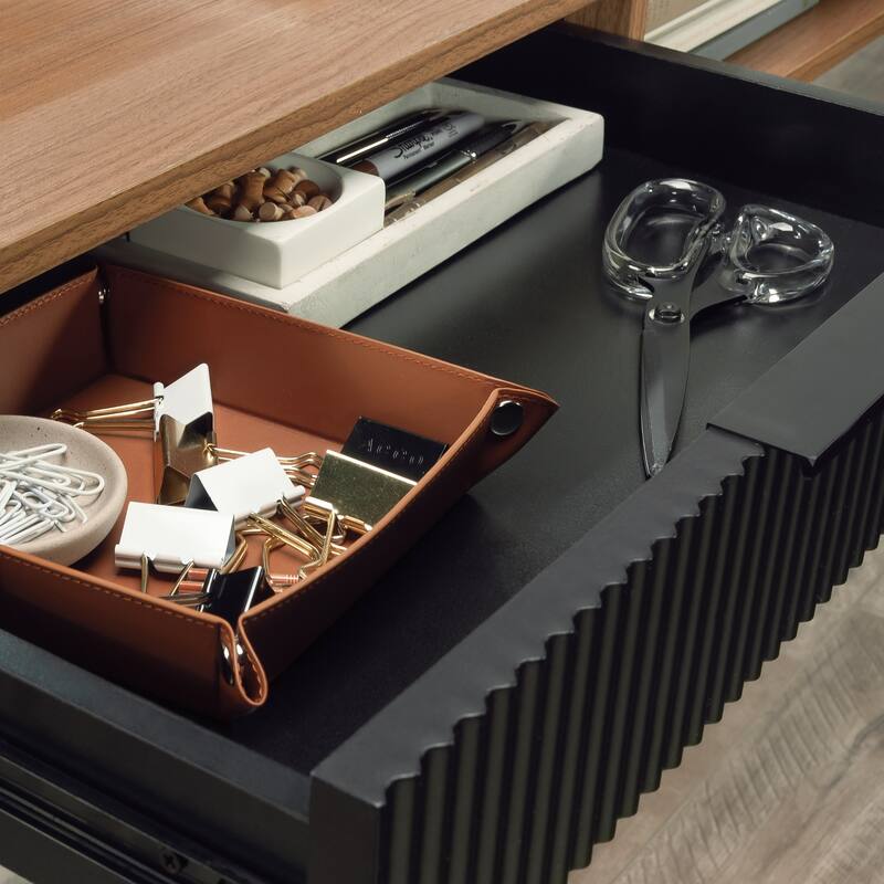 Wood L-Shaped Desk with Cord Management, Brown.