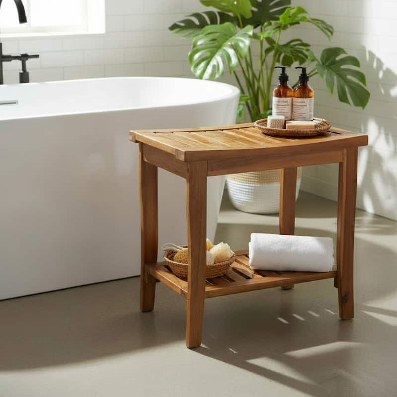 Acacia Wood 2-Tier Shower Bench Spa Stool with Storage and Non-Slip Feet - Oak