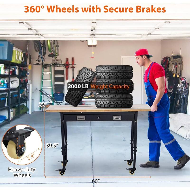 60*22*1.2 Inch Workbench for Garage with Drawer & Rolling Casters - N/A
