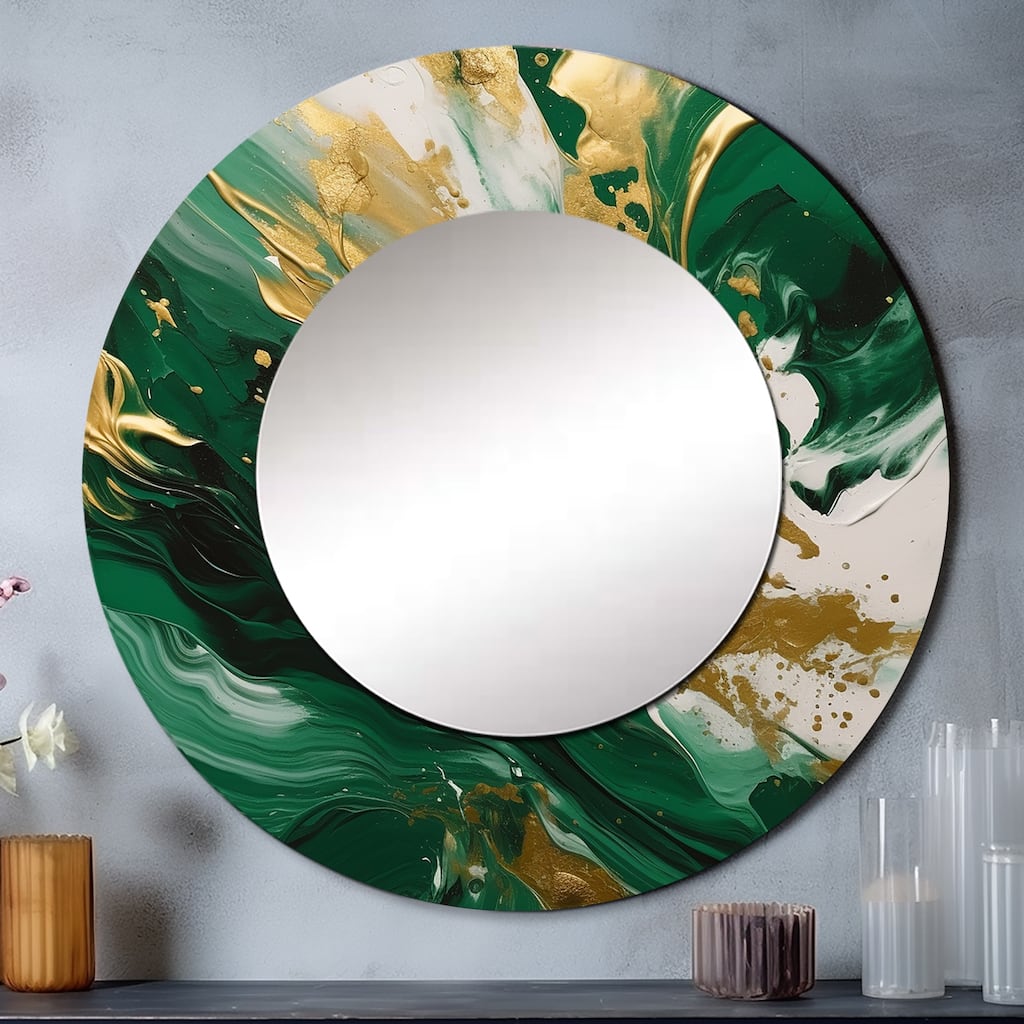 Designart "Green and Gold Serene Cascade II" Abstract Round Mirror For Wall Decor - Modern Green Mirror