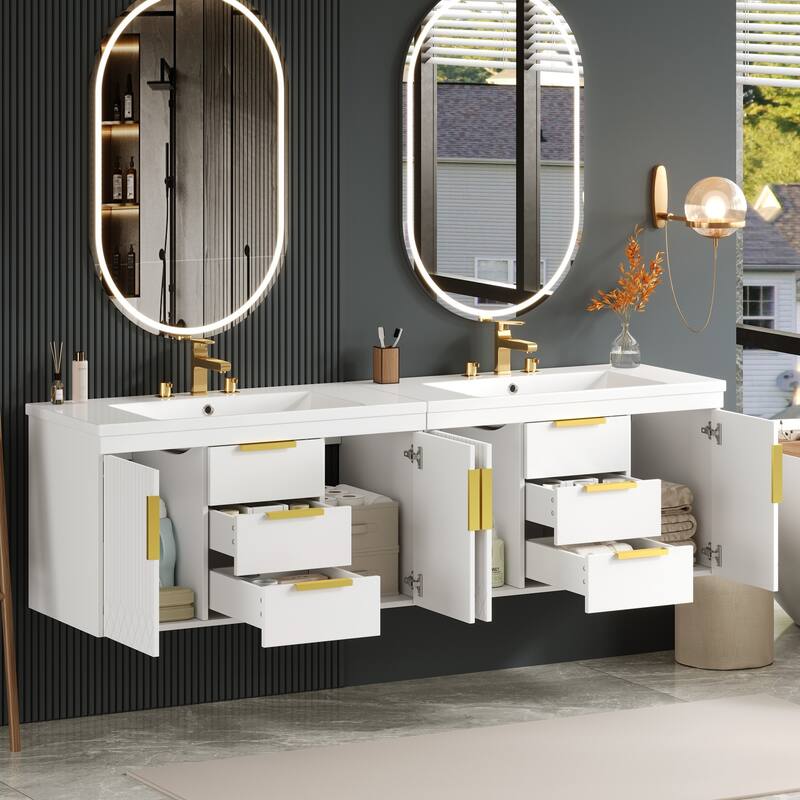 Roomfitters 72" Wall Mounted Bathroom Vanity with Sink, Floating Solid Wood Storage Cabinet with Drawers - White