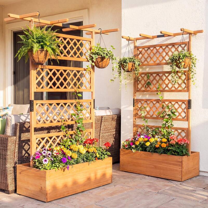 Gymax 2PCS Wooden Planter Box w/Lattice Trellis Flat Roof Drainage for