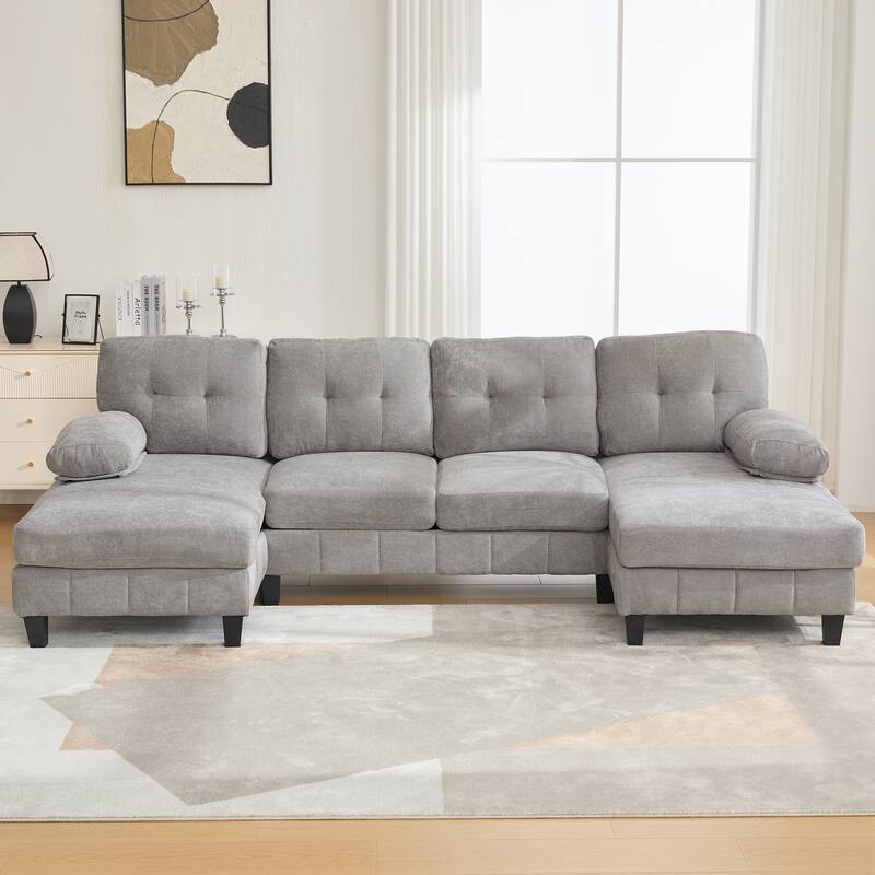 U-Shaped Modular Sectional Sofa with Dual Chaise Lounges, Chenille Fabric Cloud Couch with Storage Pockets & Armrest Pillows