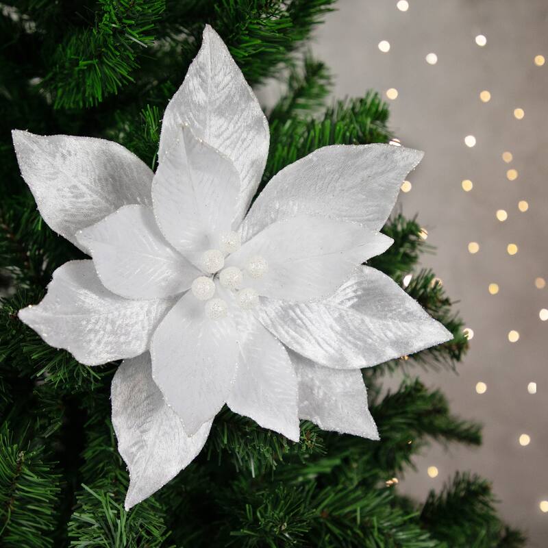 24" White Glittered Poinsettia Floral Christmas Pick - 24