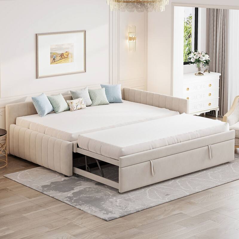 2-in-1 Daybed with Pop Up Trundle Bed, L-Shaped Upholstered Daybed Convertible Platform Bed, Vertical Stripes Frame Sofa Bed - Beige - Full