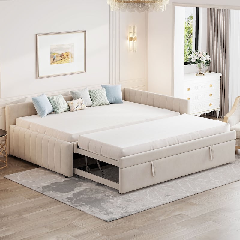 Full Size L-Shaped Daybed with Twin Pop-Up Trundle Upholstered Storage Bed (650lbs Capacity) - Beige