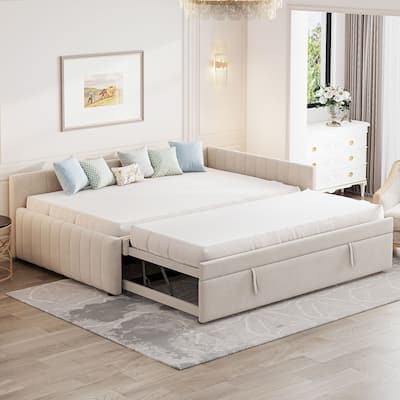 Full Size Upholstered L-Shaped Upholstered Daybed with Twin Size Pop Up Trundle, Beige