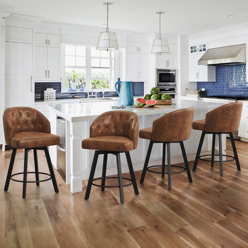 LUE BONA 26" Swivel Counter Height Swivel Bar Stools Set of 4 Upholstered Counter Stools - 26" H - Brown/Leather