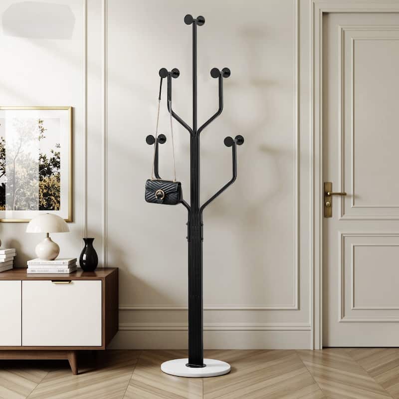 Freestanding Metal Coat Rack with 10 Hooks and Heavy Duty Marble Base - 68.1"H x 18.5"W(top) x 13.2"Dia(base) - White & Black