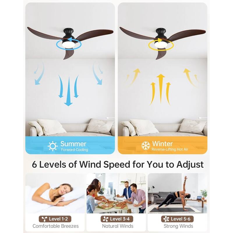 52" Low Profile Smart Ceiling Fan with LED Light, Remote or Phone APP Control,Black with Walnut Blades