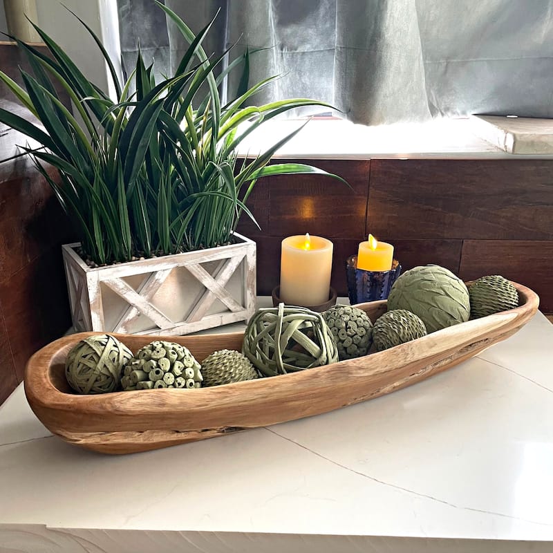 Hand-Carved Wooden Bowl, 23"X6.5"X3.5", Light Brown Stained, Handmade - 3.5 X 23.5 X 6.5 inches