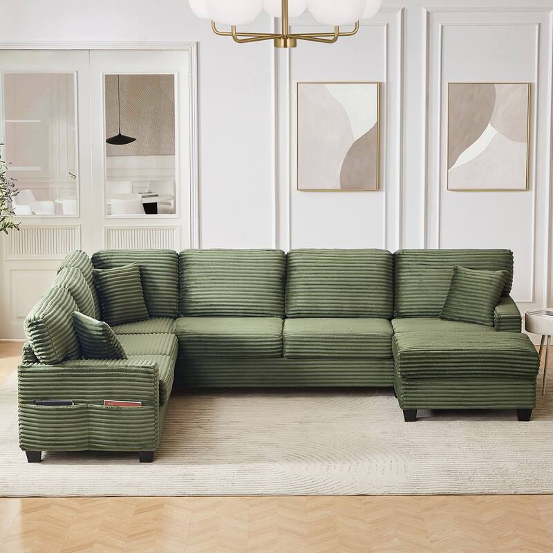 Corduroy U-Shaped Sectional Sofa 125.2" Upholstered Sofa with Movable Footstool and Side Storage Pockets, Pillow