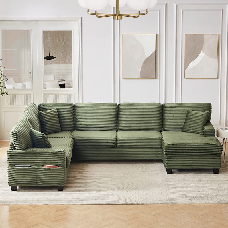 Roomfitters U-Shaped Upholstered Sectional Sofa with Movable Ottoman and Side Storage Pockets for Living Room
