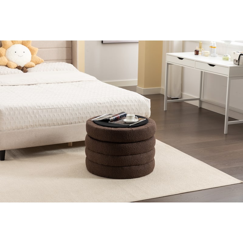 Boucle Fabric Round Storage Ottoman Footstool with Wooden Shelving