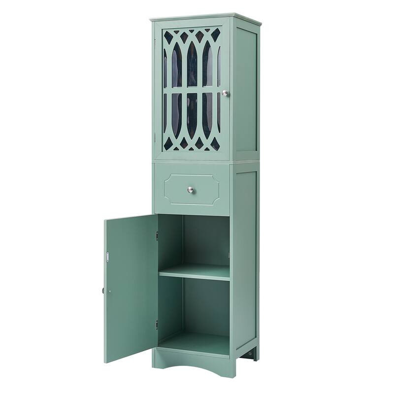 Freestanding Adjustable Storage Cabinet with Metal Knobs, Acrylic Panel Door Cabinet, Groove Pattern Drawer and Door Cabinet