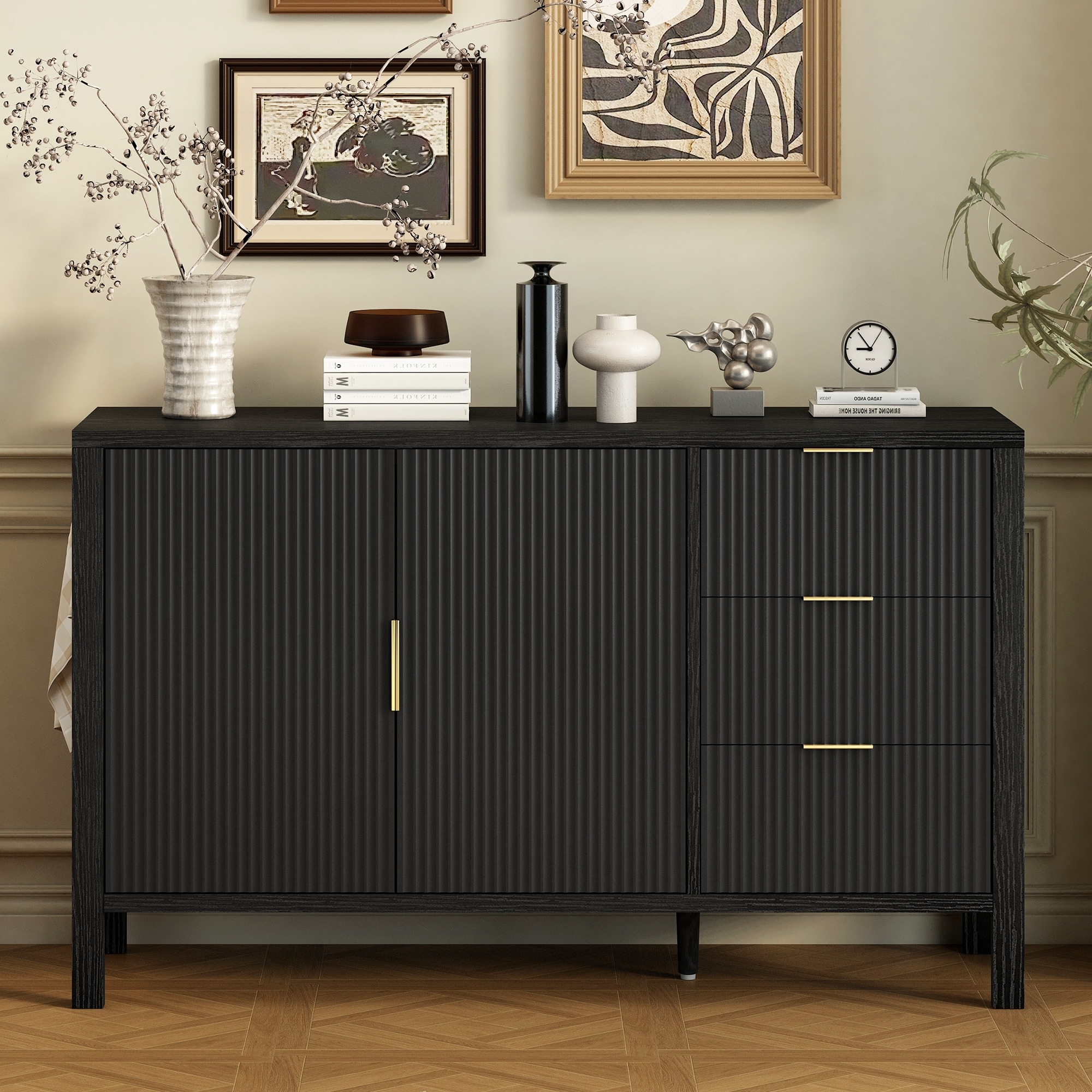 Roomfitters Sideboard Buffet Cabinet with 3 Drawers, 2 Door Mid-century Fluted Accent Storage for Kitchen & Dining