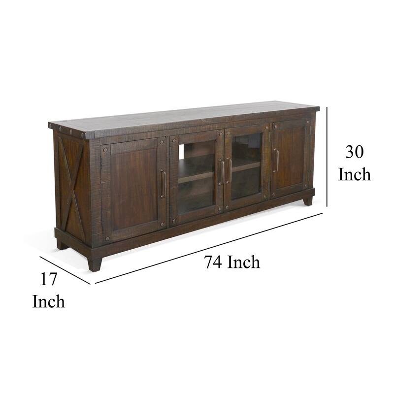 Anva TV Media Console, Shelves, Doors, Dark Brown Mahogany, 74 Inch
