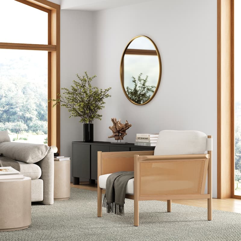 Hemming Upholstered Armchair, Solid Wood Accent Chair with Boucle Upholstery and Faux Rattan Arm Inlay