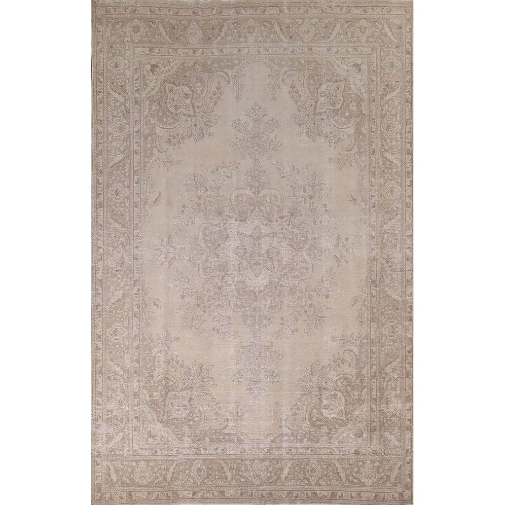 Muted Distressed Tabriz Vintage Persian Ug Hand-Knotted Wool Carpet - 8'0" x 11'3"