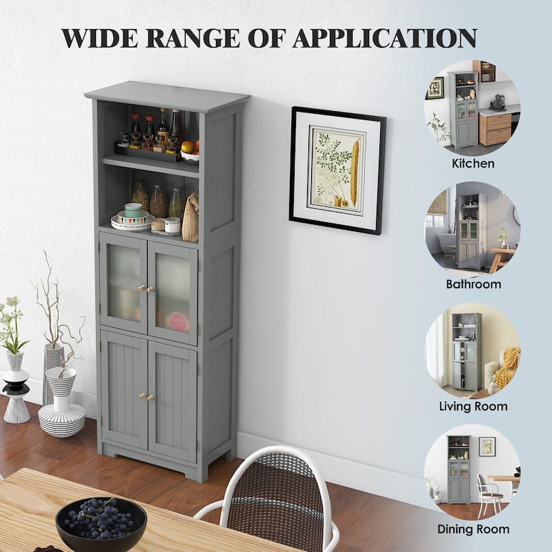 Gymax Bathroom Tall Storage Cabinet Linen Tower w/ Glass Door &