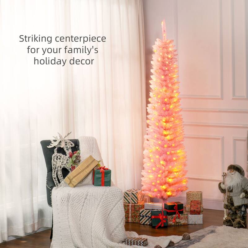 6 ft Pink LED Pencil Christmas Tree Indoor Pre-Lit Multicolor Lights 360 Tips Flame Retardant Sturdy Base