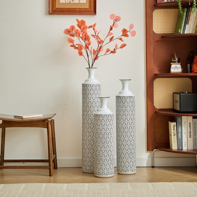 White Metal Floor Vase Set of 3 ，Large Glazed Metal Decor -  24in/28.7in/33.5in Heights|White+Black