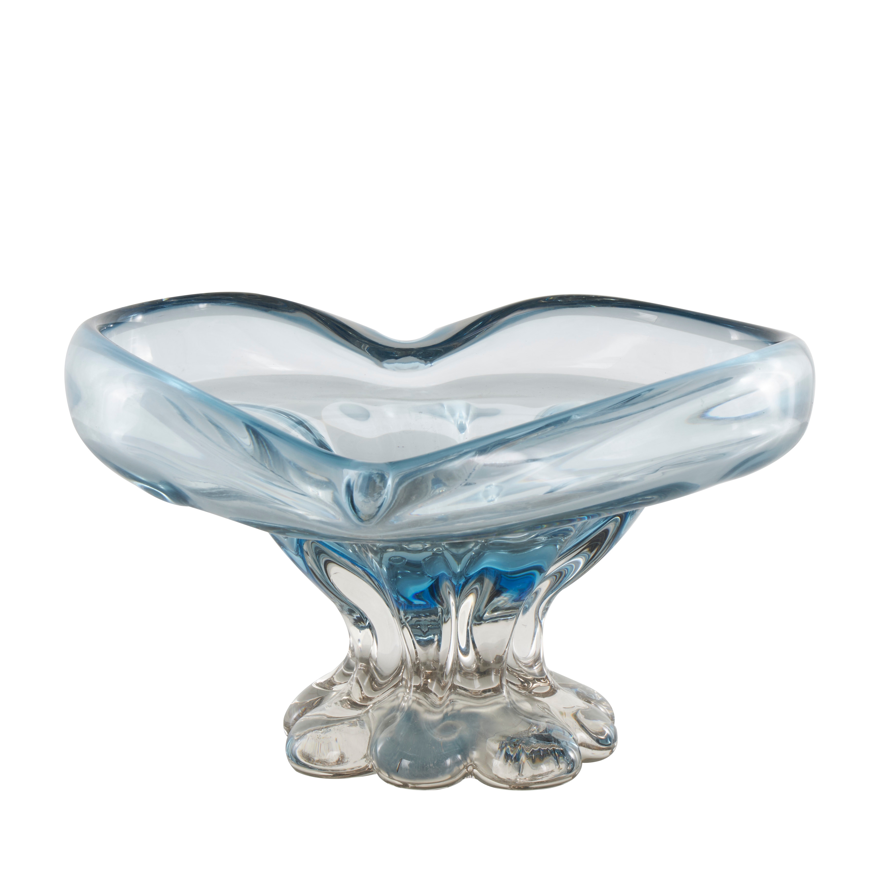 Blue Glass Ombre Heart Decorative Decorative Bowl with Folded Curve Opening and Scalloped Base