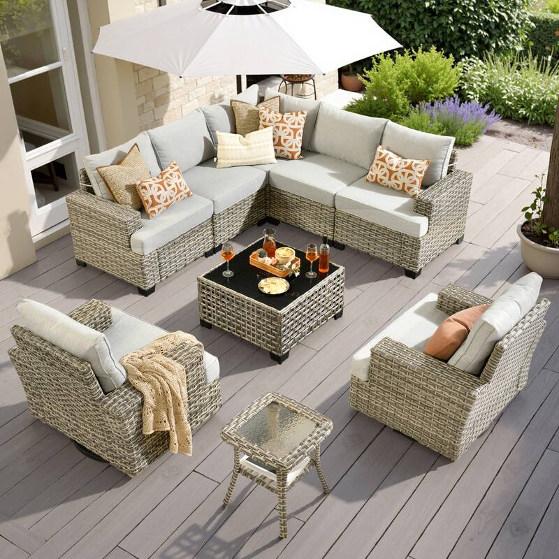 HOOOWOOO 9-piece Patio Wicker Sofa Swivel Chair Sectional Set - Grey