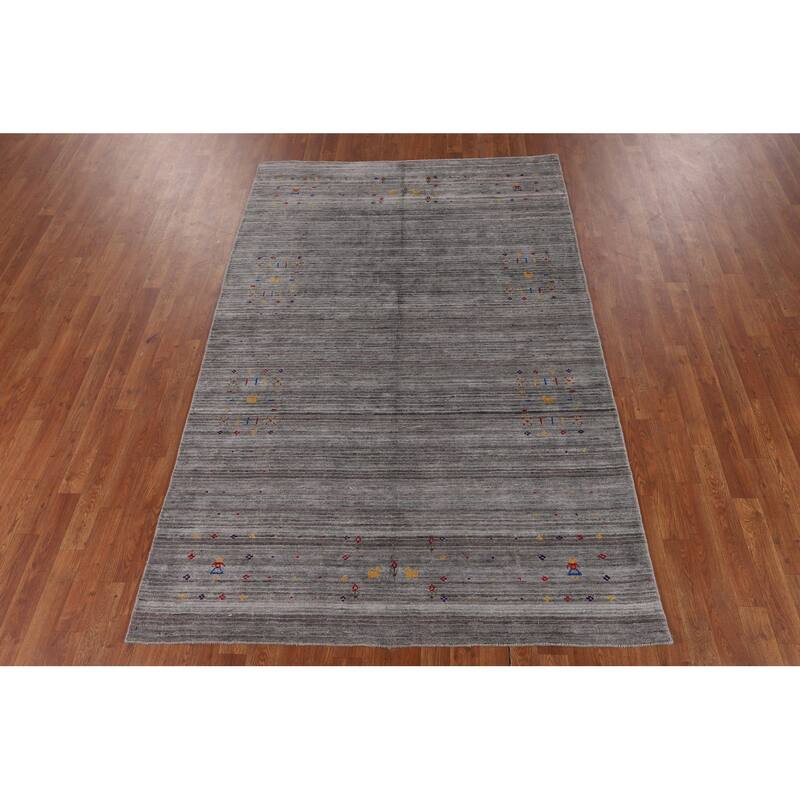 Gray & Green Striped Gabbeh Oriental Area Rug Handmade Silk Carpet - 5'2" x 7'10"