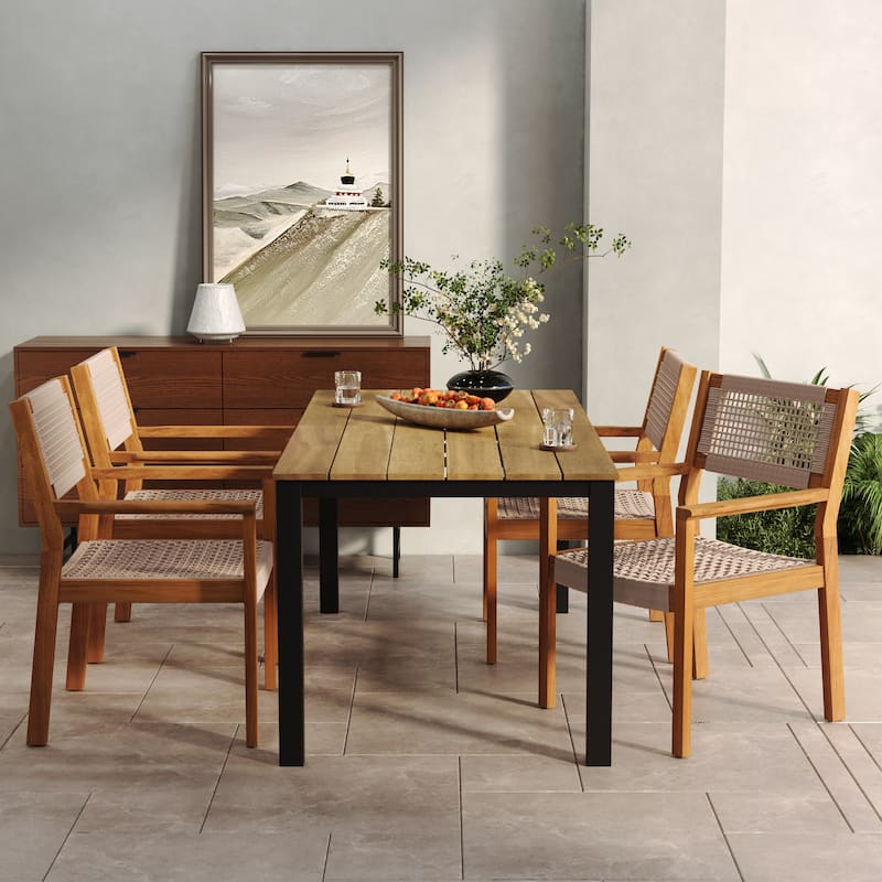 Christopher Knight Home Outdoor 5-Piece Acacia Wood Dining Sets with Rope Accent Chairs - Natural+Light Brown