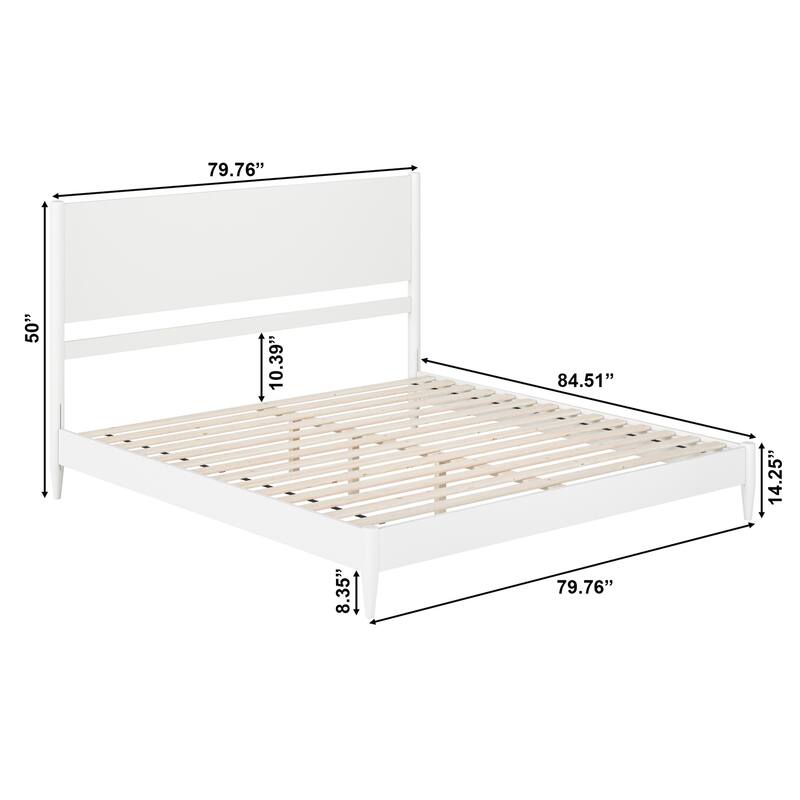 King Size Solid Wood Platform Bed - Low Profile Modern Bed Frame in White Finish