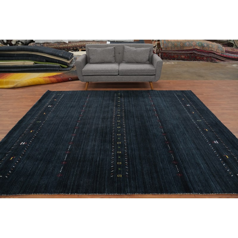 Hand Knotted Oriental 100% Wool Carpet Tribal Animal Pictorial Navy Blue & Blues Gabbeh Area Rug - 9' 9'' X 8' 1''