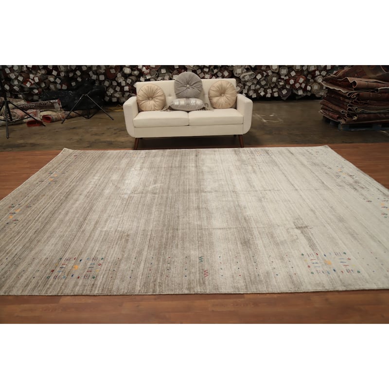 Hand Knotted Oriental Viscose Silk Carpet Tribal Animal Pictorial Beige & Ivories Gabbeh Area Rug - 11' 9'' X 8' 11''