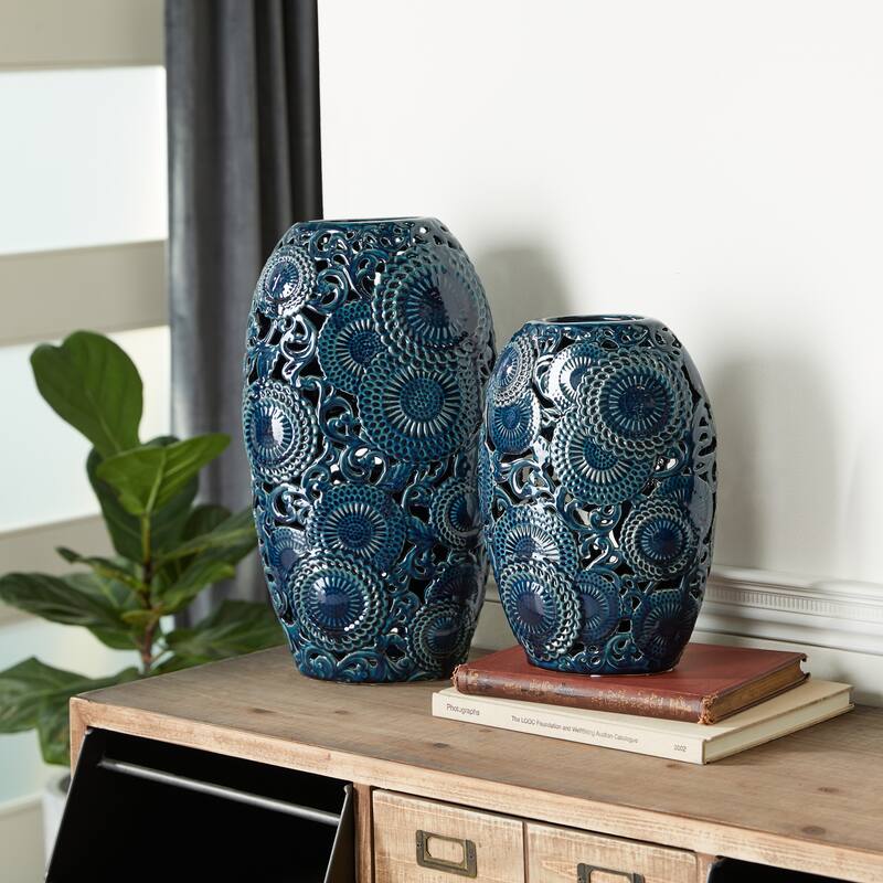 Blue Ceramic Eclectic Vase Set of 2 - S/2 18", 13"H - Blue - Large