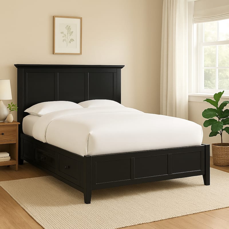 Kenji California King Bed, Panel Headboard, 4 Storage Drawers, Matte Black