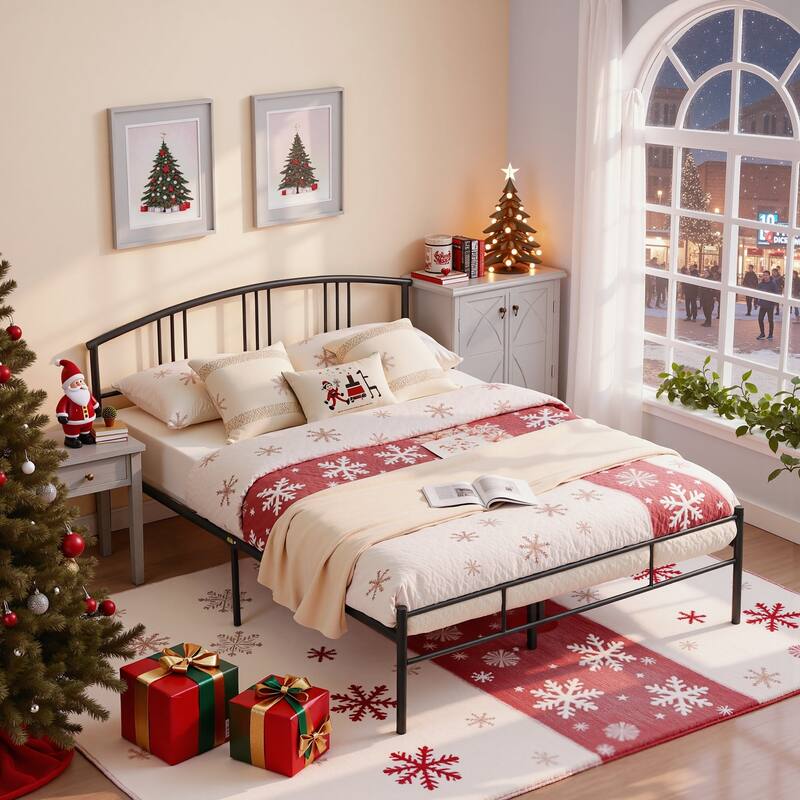 VECELO Metal Platform Bed Frame with Curved Slatted Headboard No Box Spring Needed Heavy Duty Bed for Adults Kids