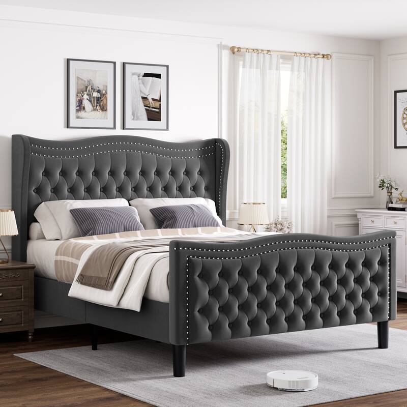 Wingback Platform Bed King Size Velvet Upholstered Bed with Nailhead Trim and Tufted Headboard Footboard, Wood Slats Support - Grey - King