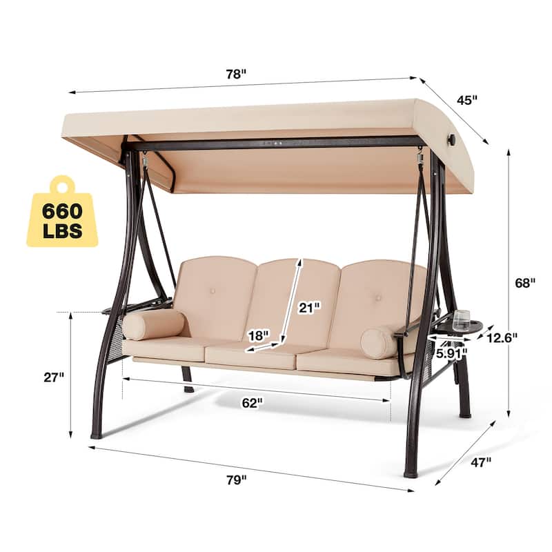 3-Seat Patio Swing with Adjustable Canopy, 750lbs Heavy Duty, Convertible Outdoor Bed, All-Weather, Cup Holders & Thick Cushions