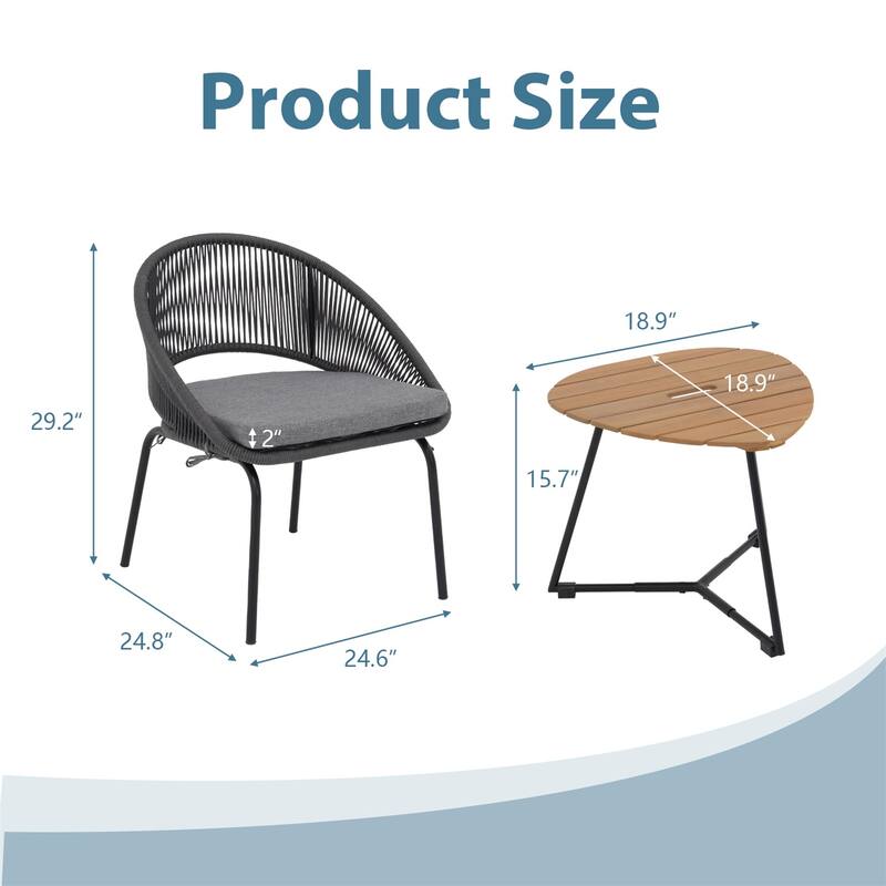 3-Piece Outdoor Bistro Set with Glass Side Table, Rattan Patio Chairs, Conversation Set for Porch, Garden, Balcony