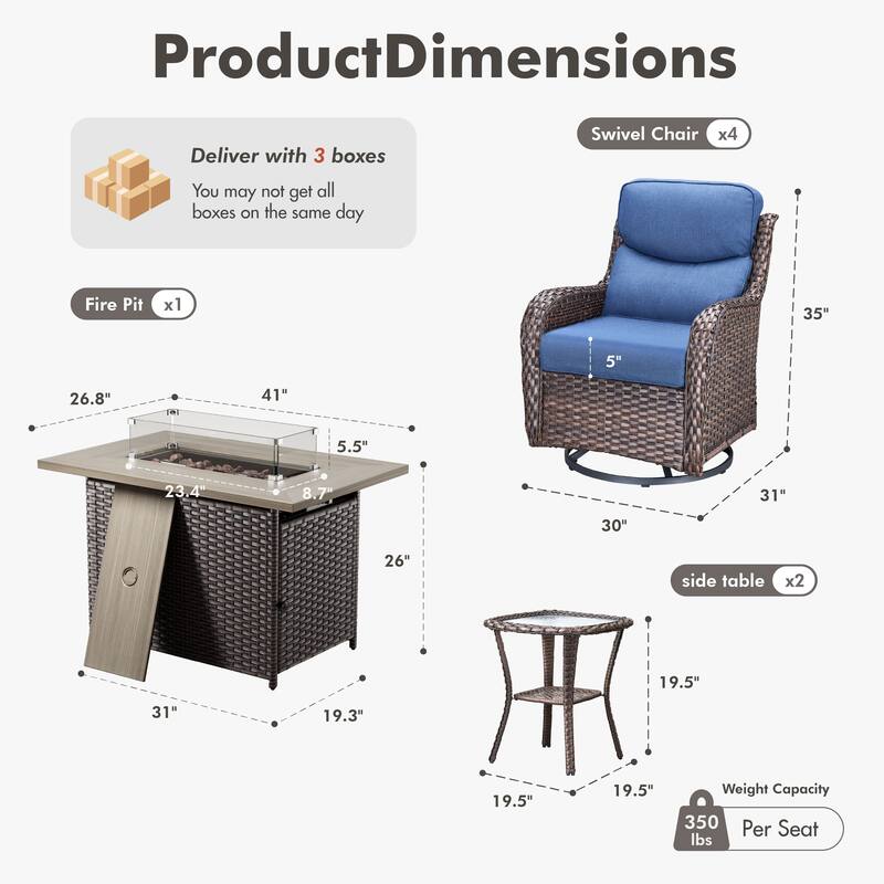 Meyreso 7-Piece Outdoor Patio Wicker Fire Pit 4 person Conversation Set with 5-Inch Thick Cushions