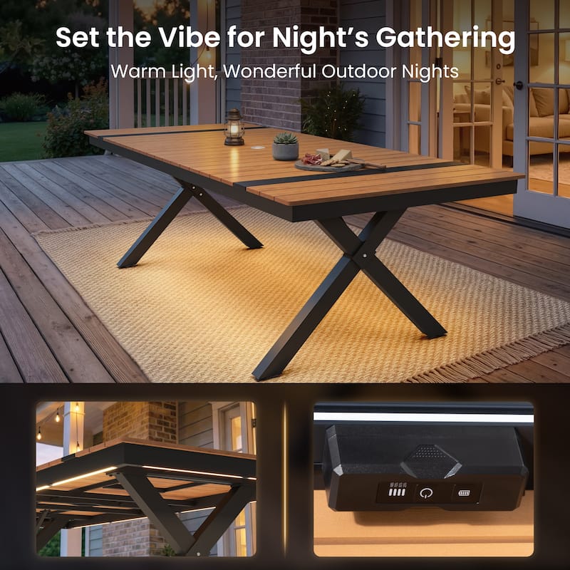 Outdoor Patio Dining Table with LED Light Strip Aluminum Rectangular X-Shaped with Umbrella Hole