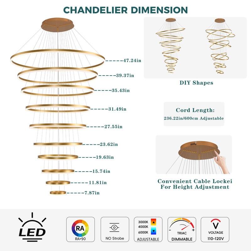 Modern Ring LED Chandelier Ring Adjustable Ceiling Light with Remote Control for High Ceilings