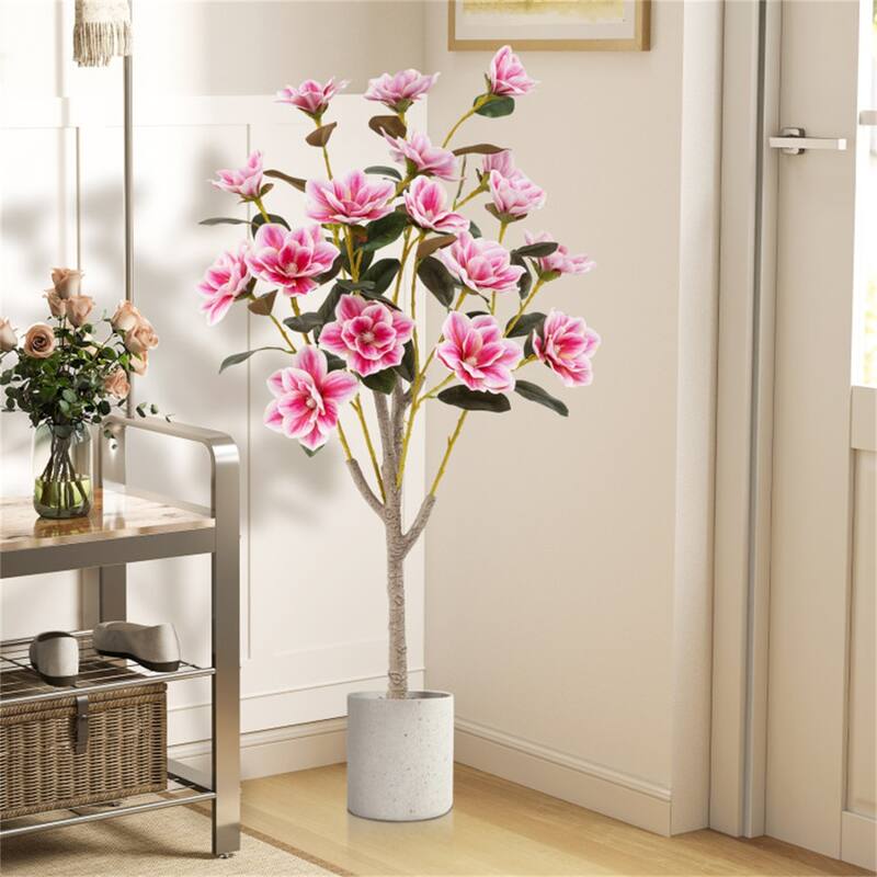 Artificial Magnolia Tree 51 Inch Green White Pink Lifelike Faux Indoor Decorative Plant with Cement Pot - 51"