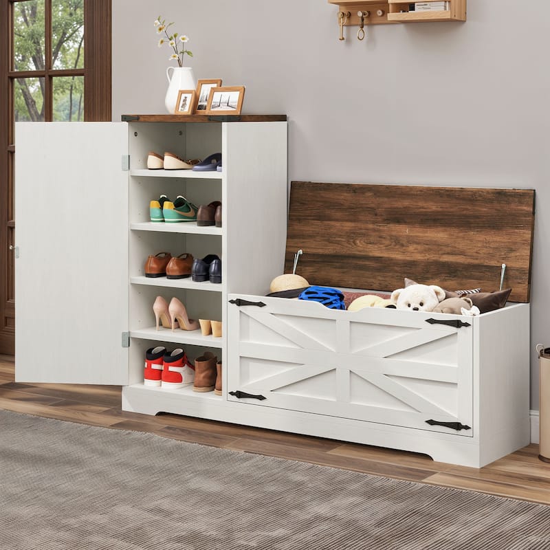 Moasis Farmhouse Shoe Storage Bench with 5 Adjustable Shelves Cabinet for Entryway