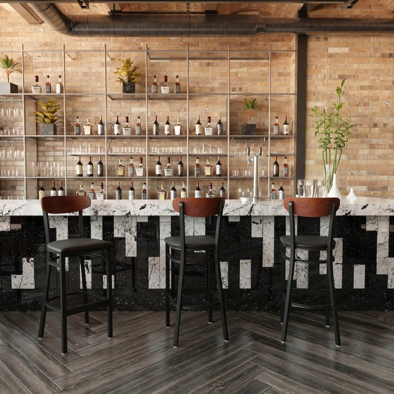 Commercial Metal Barstool with Wood Seat and Boomerang Back