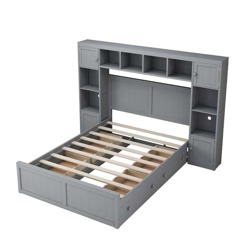 Full Size Wood Bed with All-in-One Cabinet and Shelf