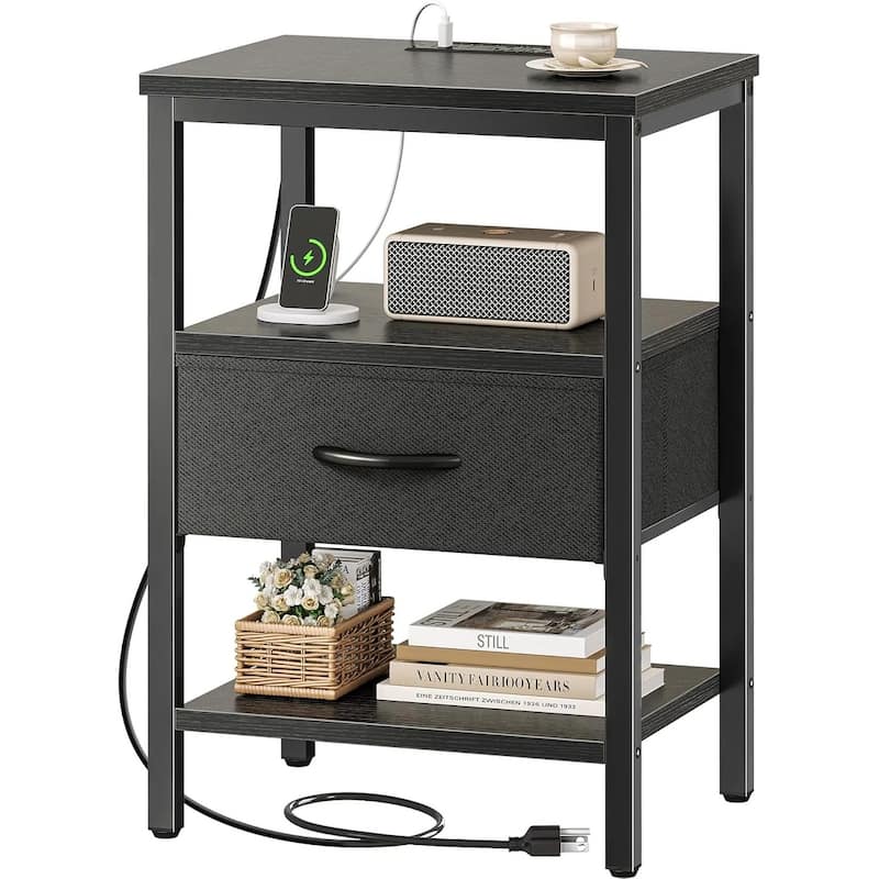Nightstand Set of 2 Or 1 with Charging Station and USB Ports, Storage End Table with Fabric Drawer, Night Stand for Small Spaces - Black - 1 Set