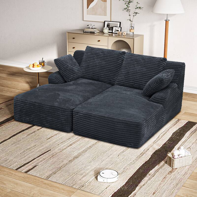 Fluffy Double Chaise Lounge Set Plush Corduroy Sleeper Sofa Bed