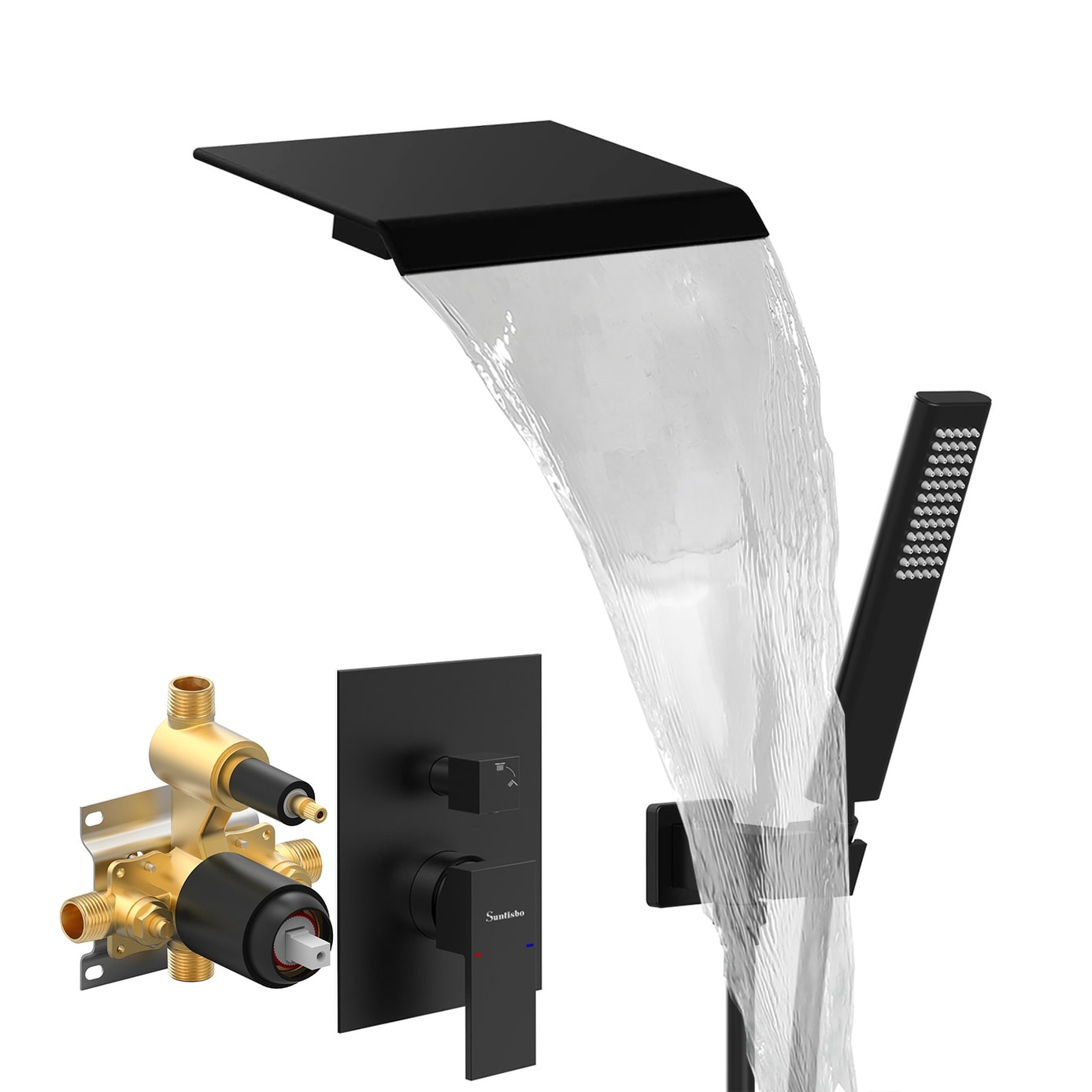 Tub Faucet with Hand Shower, Matte Black Waterfall Bathtub Shower Faucet Set, Wall Mount Tub Shower System